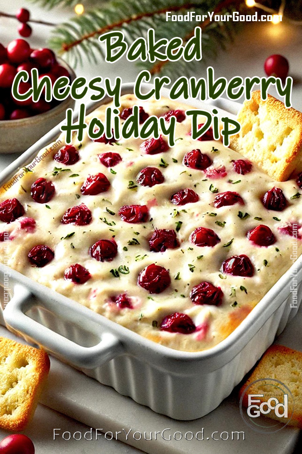 Festive Baked Cheesy Cranberry Holiday Dip topped with fresh cranberries and herbs, served in a white baking dish alongside crispy bread slices.