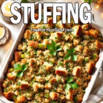 A golden-brown Rustic Baked Stuffing filled with crispy bread cubes, fresh herbs, and savory seasonings, served in a white casserole dish.