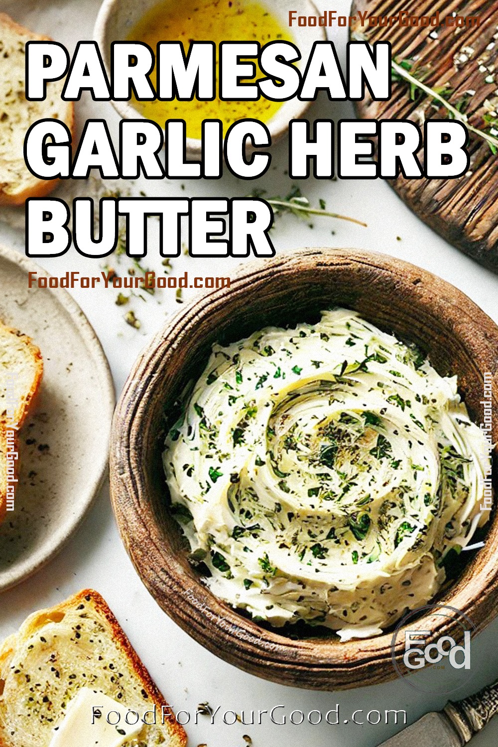 Homemade Parmesan Garlic Herb Butter served in a rustic wooden bowl, garnished with fresh herbs and surrounded by toasted bread slices.