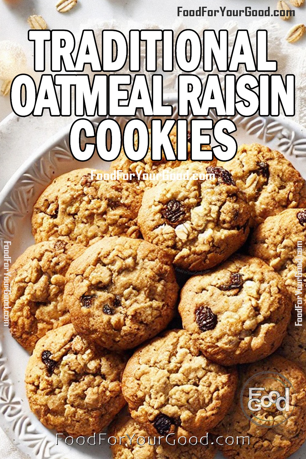 Plate of Traditional Oatmeal Raisin Cookies with rustic texture on a white plate.