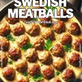 Best Homemade Swedish Meatballs in a cast iron pan, coated in a creamy, velvety sauce and garnished with fresh parsley. A rich and comforting dish, perfect for dinner. Find the full recipe on FoodForYourGood.com