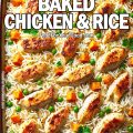 Buttery Baked Chicken & Rice in a rustic casserole dish, featuring golden-brown chicken strips over fluffy, perfectly cooked rice with cubed carrots and green peas. A comforting, easy-to-make dish from FoodForYourGood.com, perfect for a delicious homemade meal.