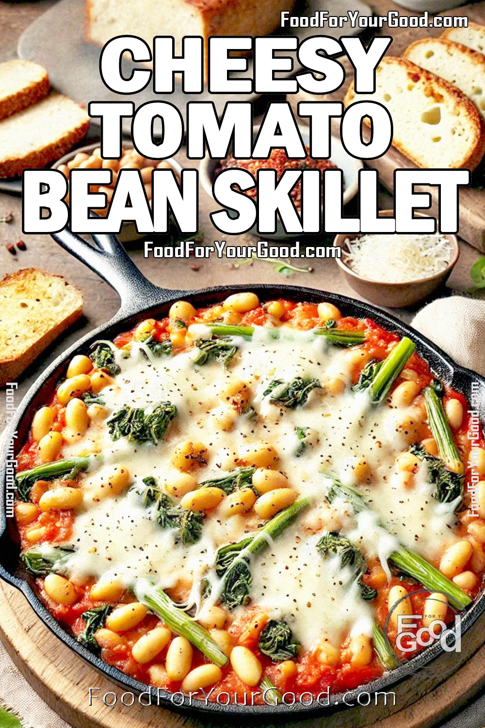 Cheesy Tomato Bean Skillet recipe with melted mozzarella cheese, cannellini beans, and broccoli rabe in a rustic cast iron skillet, served with toasted bread. Find the full recipe on FoodForYourGood.com