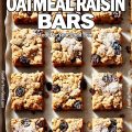 Close-up of Chewy Oatmeal Raisin Bars with a golden-brown, soft-baked texture, packed with plump raisins and hearty oats. These homemade bars have a hint of cinnamon and brown sugar, making them the perfect chewy and flavorful treat.