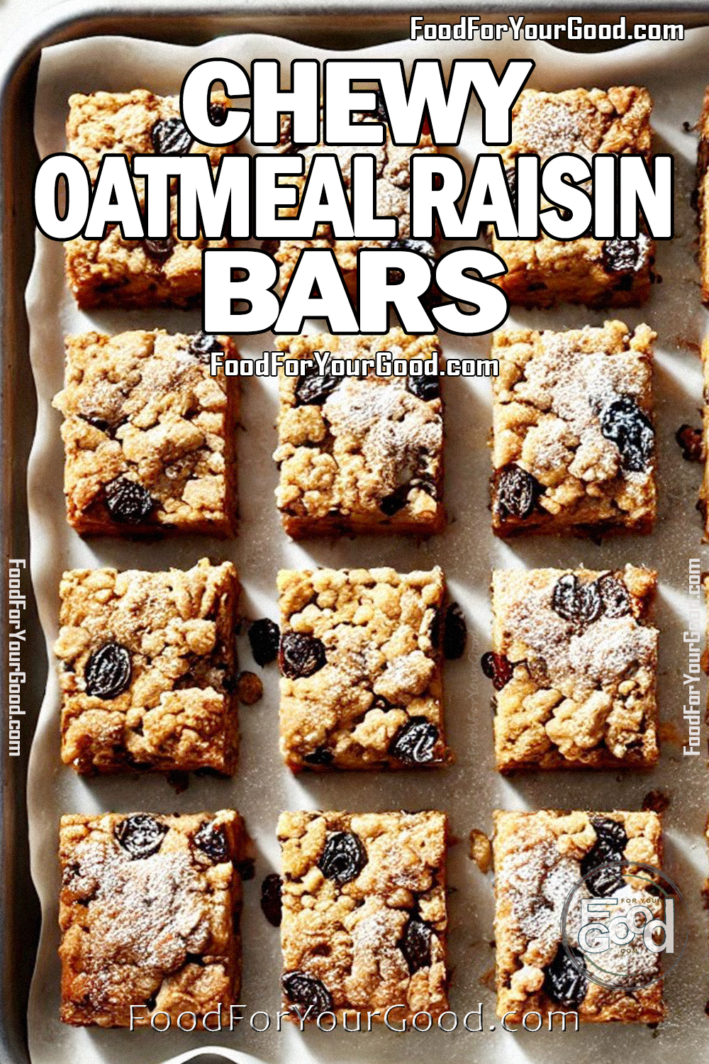 Close-up of Chewy Oatmeal Raisin Bars with a golden-brown, soft-baked texture, packed with plump raisins and hearty oats. These homemade bars have a hint of cinnamon and brown sugar, making them the perfect chewy and flavorful treat.