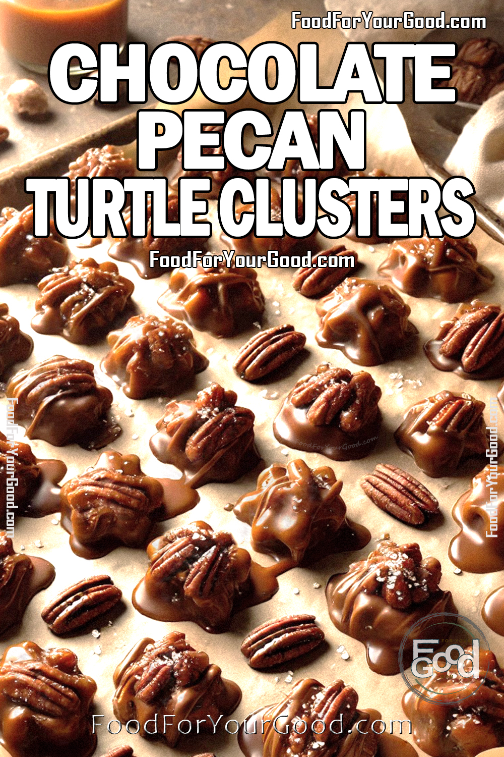 Homemade Chocolate Pecan Turtle Clusters on a parchment-lined baking sheet, featuring glossy milk chocolate, gooey caramel, and toasted pecans with a sprinkle of sea salt. A perfect sweet and salty treat from FoodForYourGood.com