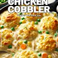 Creamy Chicken Cobbler in a black cast iron skillet with golden, flaky biscuits, tender shredded chicken, peas, carrots, and corn in a rich, creamy sauce. A cozy, rustic comfort food dish featured on FoodForYourGood.com