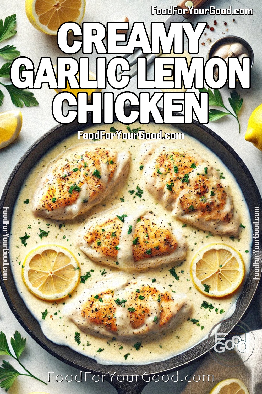 Creamy Garlic Lemon Chicken in a cast iron pan, covered in a rich, velvety Parmesan sauce with golden, seared chicken fillets. Garnished with fresh parsley and lemon slices, this easy one-pan dish is perfect for a flavorful and comforting meal. Find the recipe at FoodForYourGood.com