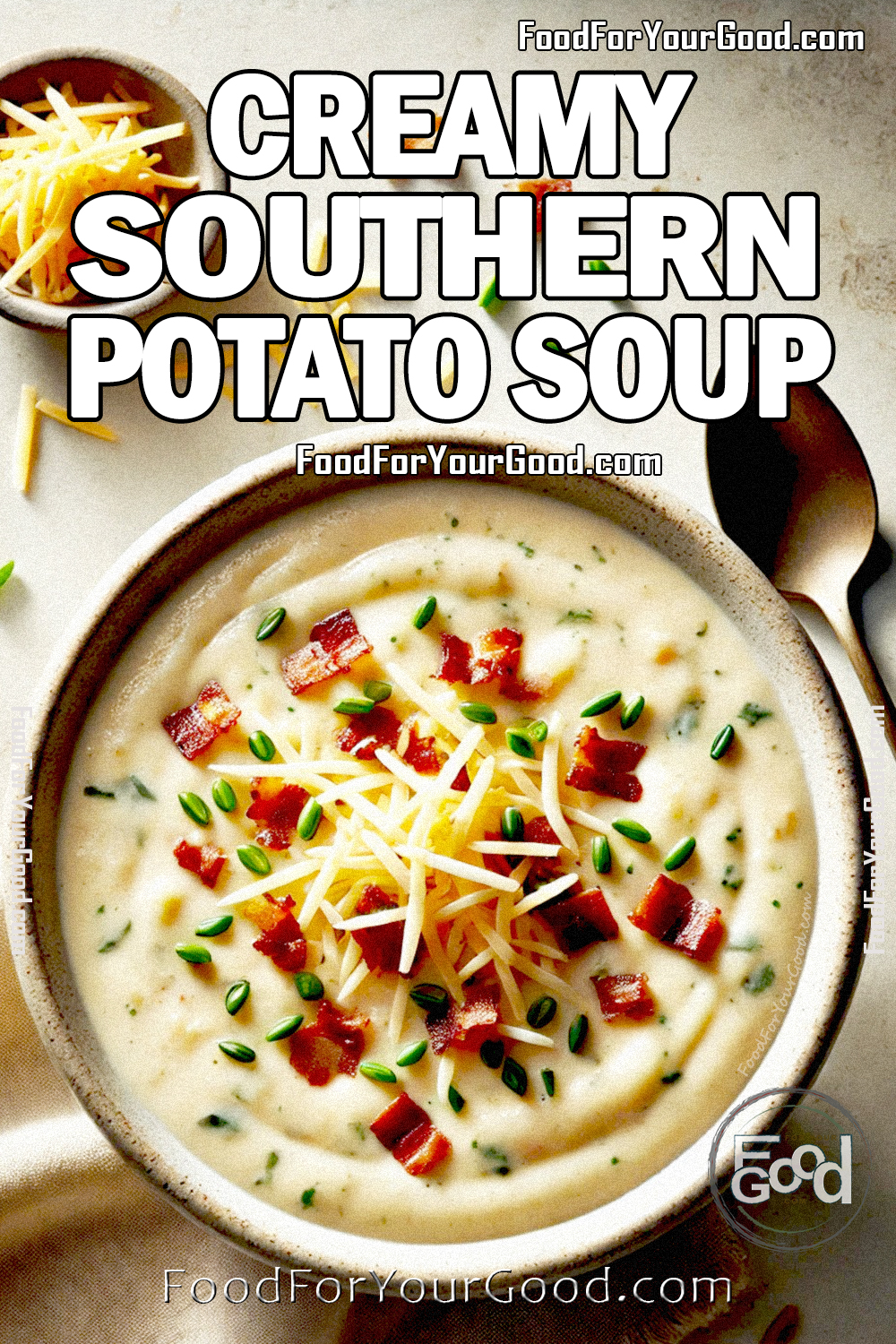 Creamy Southern Potato Soup in a modern, rustic bowl, garnished with crispy bacon, shredded white cheddar cheese, and fresh chives. A cozy, comforting, and rich soup recipe featured on FoodForYourGood.com