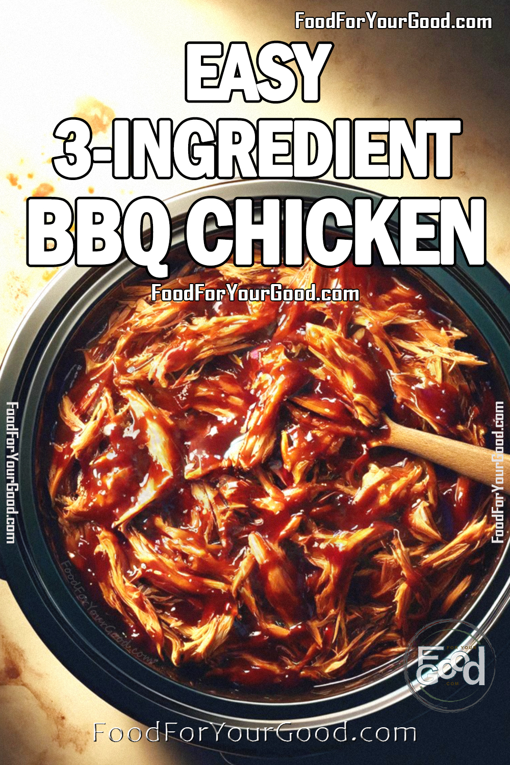 Easy 3-Ingredient BBQ Chicken in a round slow cooker, covered in rich barbecue sauce and shredded for a tender, flavorful dish. This slow-cooked meal is perfect for sandwiches, meal prep, or a quick dinner. Find the full recipe on FoodForYourGood.com