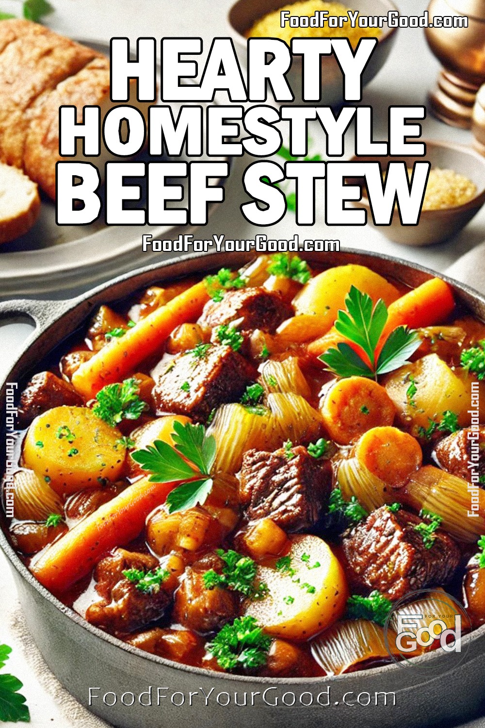 Hearty Homestyle Beef Stew in a cast iron pot with tender beef, potatoes, carrots, and parsley garnish, perfect for cozy dinners. Recipe by FoodForYourGood.com, ideal for cooking enthusiasts.