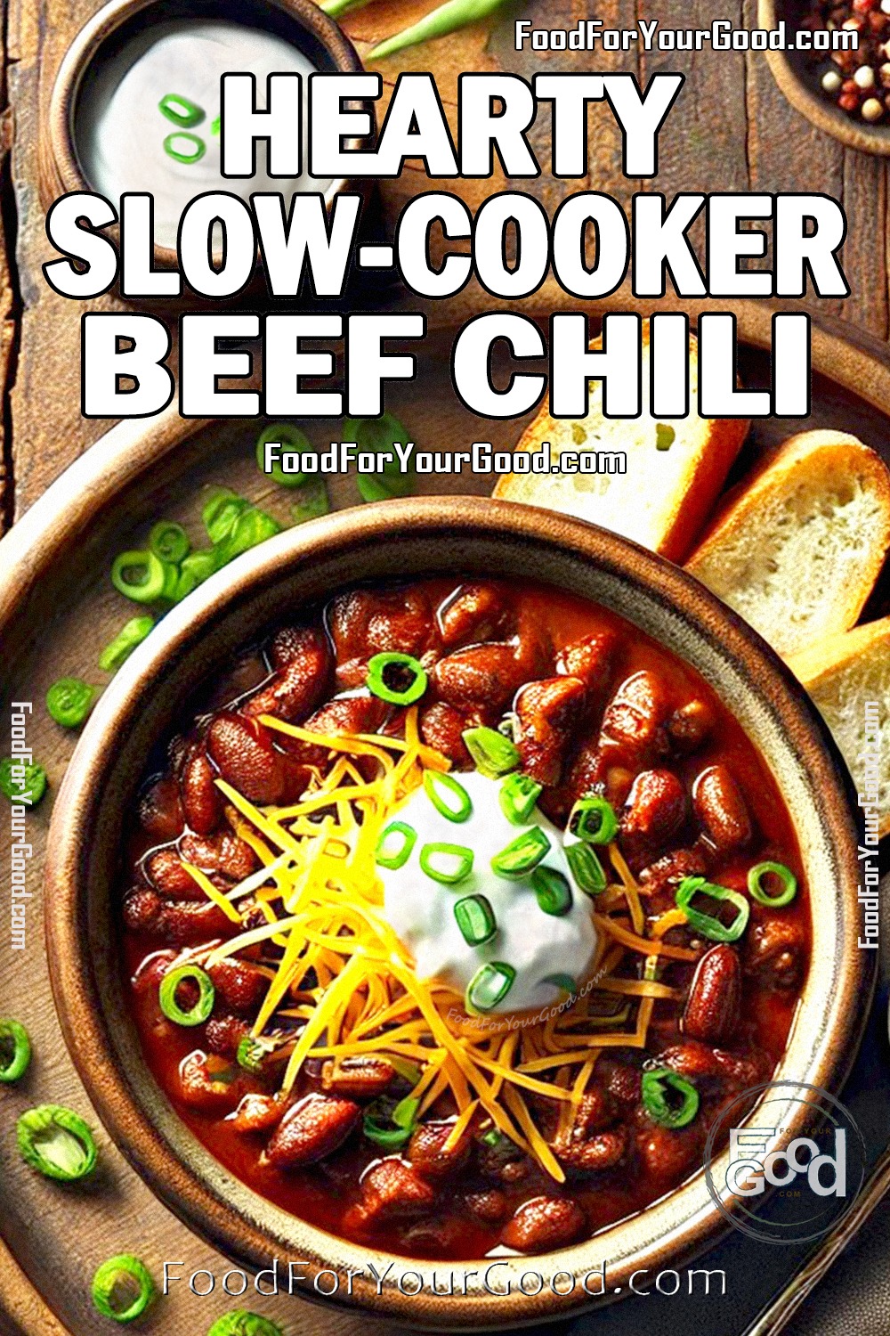 Top-down view of Hearty Slow-Cooker Beef Chili garnished with cheddar cheese, sour cream, and green onions, served with toasted baguette slices, on FoodForYourGood.com. A rustic yet luxurious presentation for cooking enthusiasts.