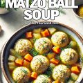 A vibrant and appetizing bowl of Perfect Matzo Ball Soup featured on FoodForYourGood.com. The soup includes fluffy matzo balls, sliced carrots, and finely chopped celery, garnished with fresh dill for a flavorful and comforting dish.