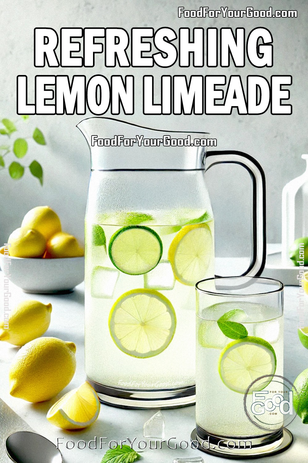 Refreshing Lemon Limeade recipe featuring a sleek glass pitcher and matching glass garnished with fresh lime and lemon slices, perfect for summer gatherings, on FoodForYourGood.com