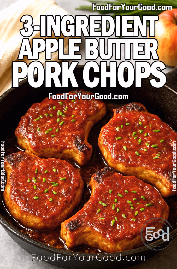 Golden apple butter pork chops in cast iron skillet with chive garnish.
